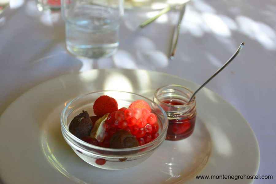 fresh fruit with dogwood compote